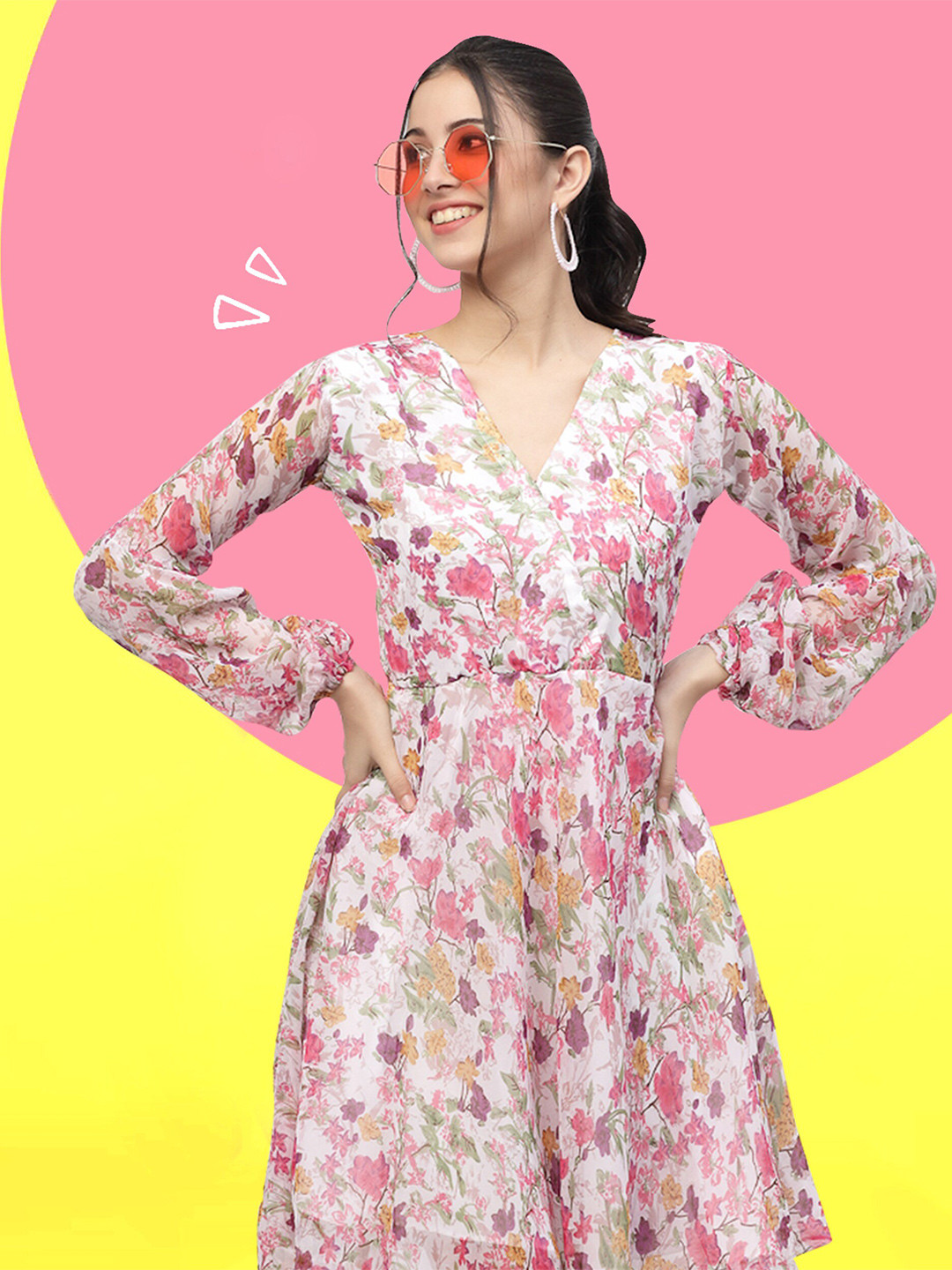 

MISS AYSE Floral Print V-Neck Puff Sleeve Georgette Fit & Flare Midi Dress, Pink