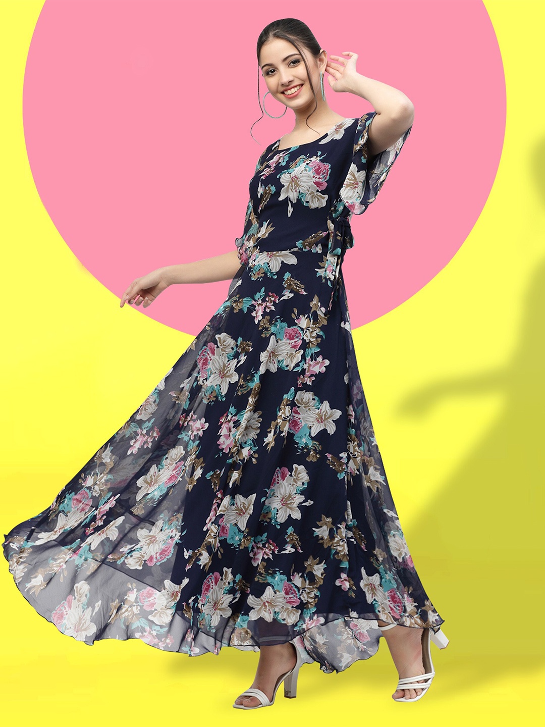 

MISS AYSE Floral Print Flared Sleeve Georgette Fit & Flare Maxi Dress, Navy blue