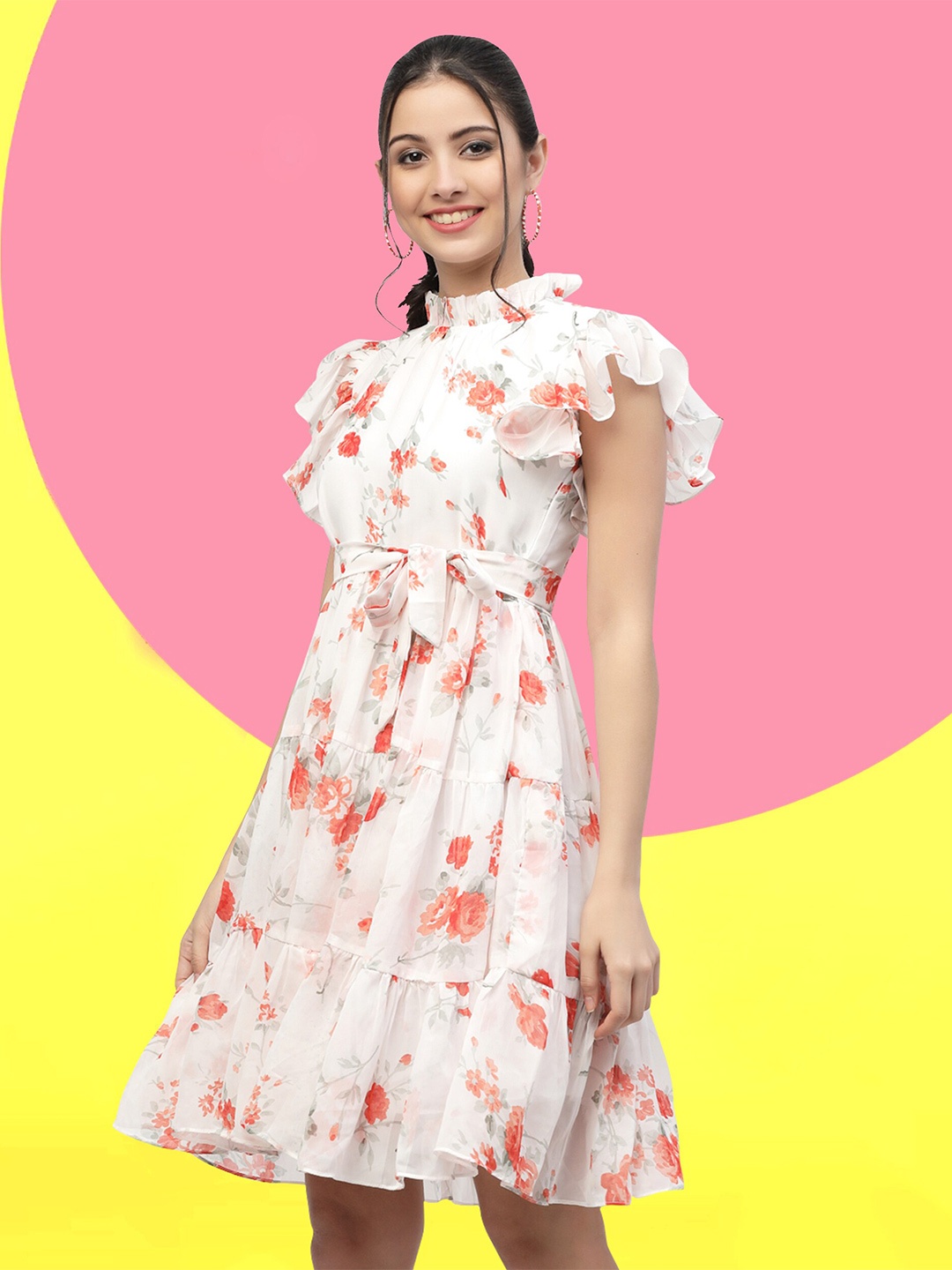 

MISS AYSE Floral Print High Neck Flutter Sleeve Georgette Fit & Flare Dress, White