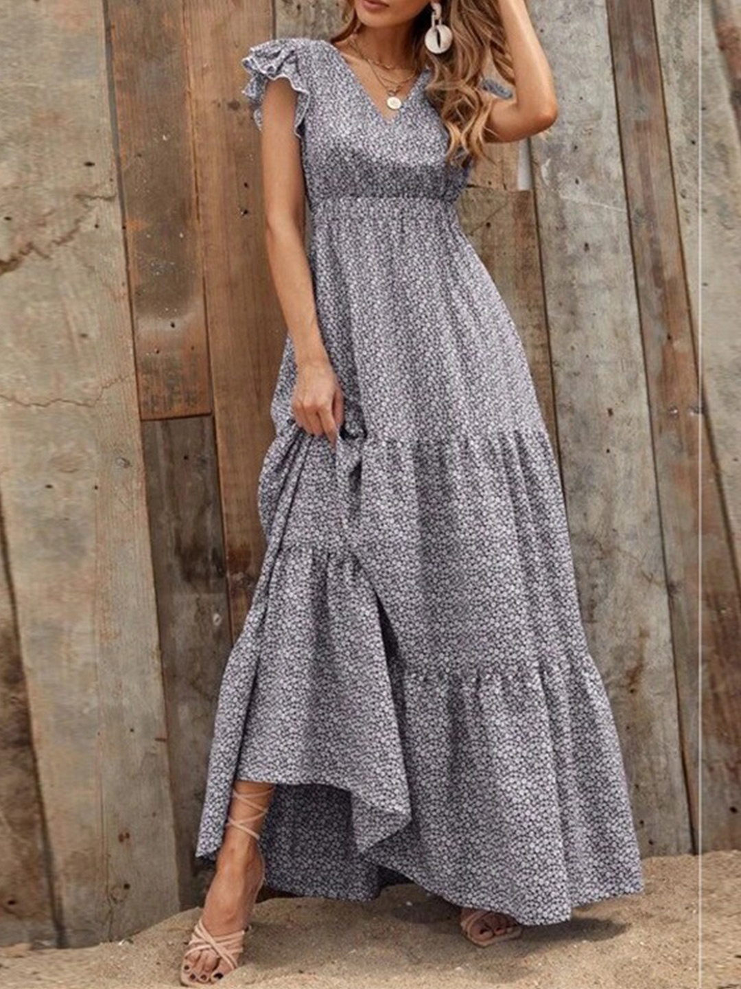 

StyleCast Grey Floral Printed V-Neck Flutter Sleeve Tiered Maxi Dress