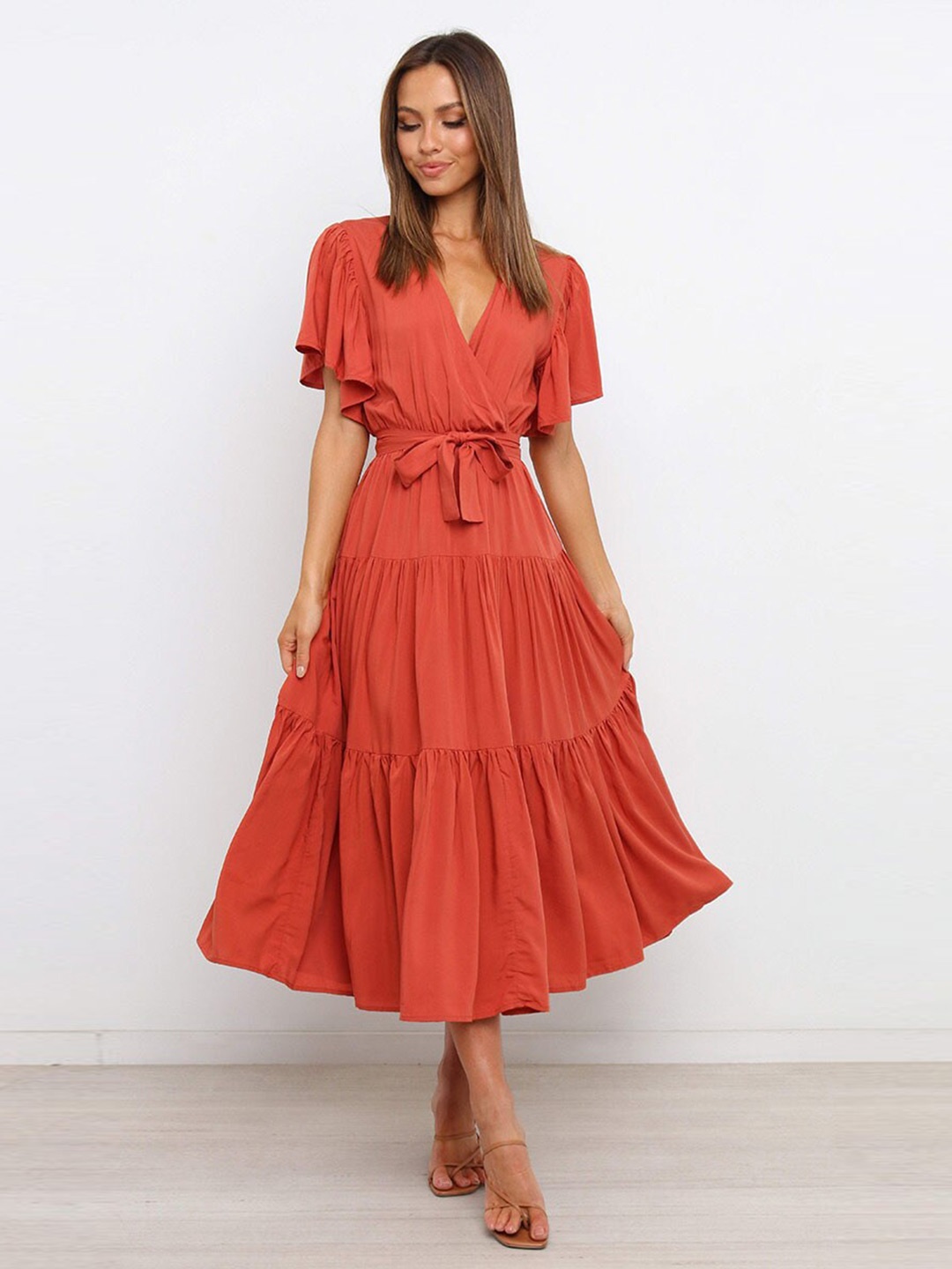 

StyleCast Rust Flutter Sleeve Fit & Flare Midi Dress