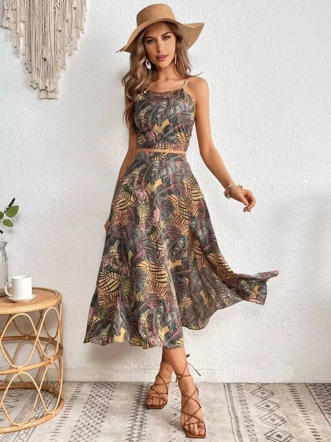 

StyleCast Brown & Yellow Tropical Printed Fit & Flare Midi Dress