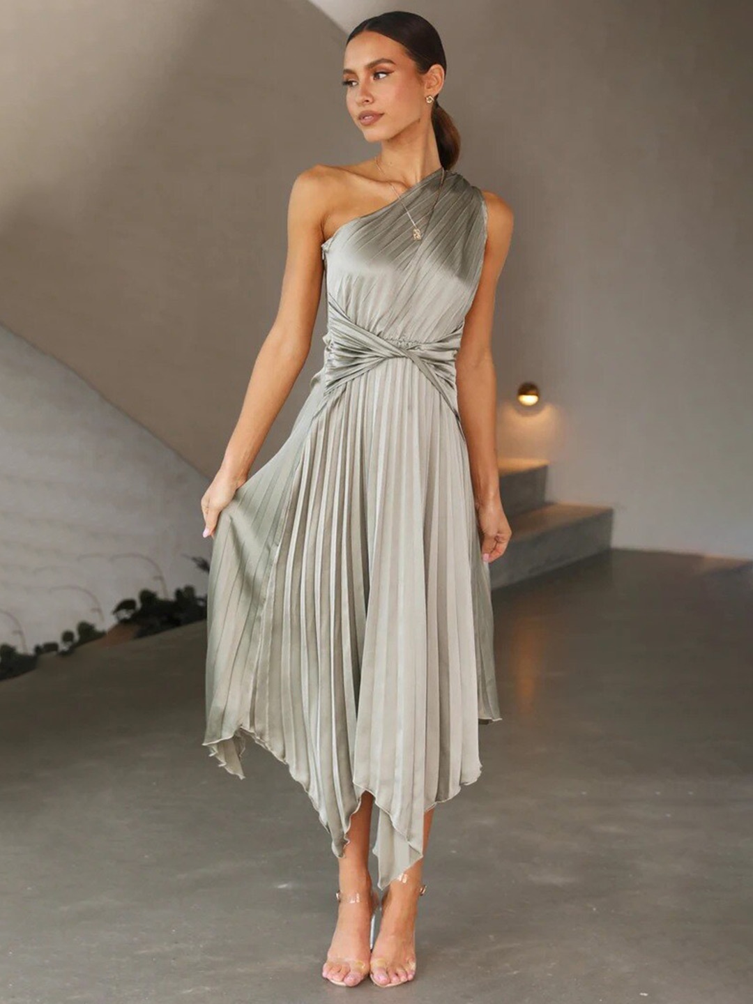 

StyleCast Grey One Shoulder A-Line Midi Dress