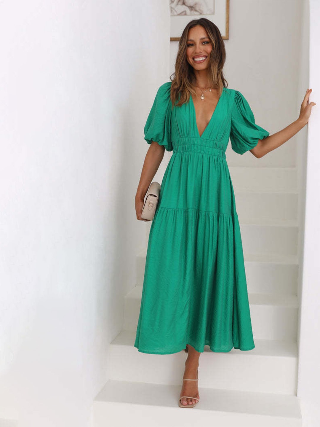 

StyleCast Green V-Neck Puff Sleeve Fit & Flare Dress