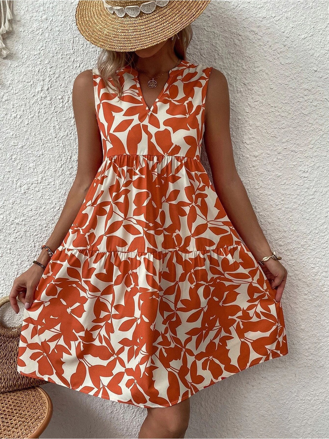

StyleCast Floral Printed V-Neck Fit & Flare Dress, Brown