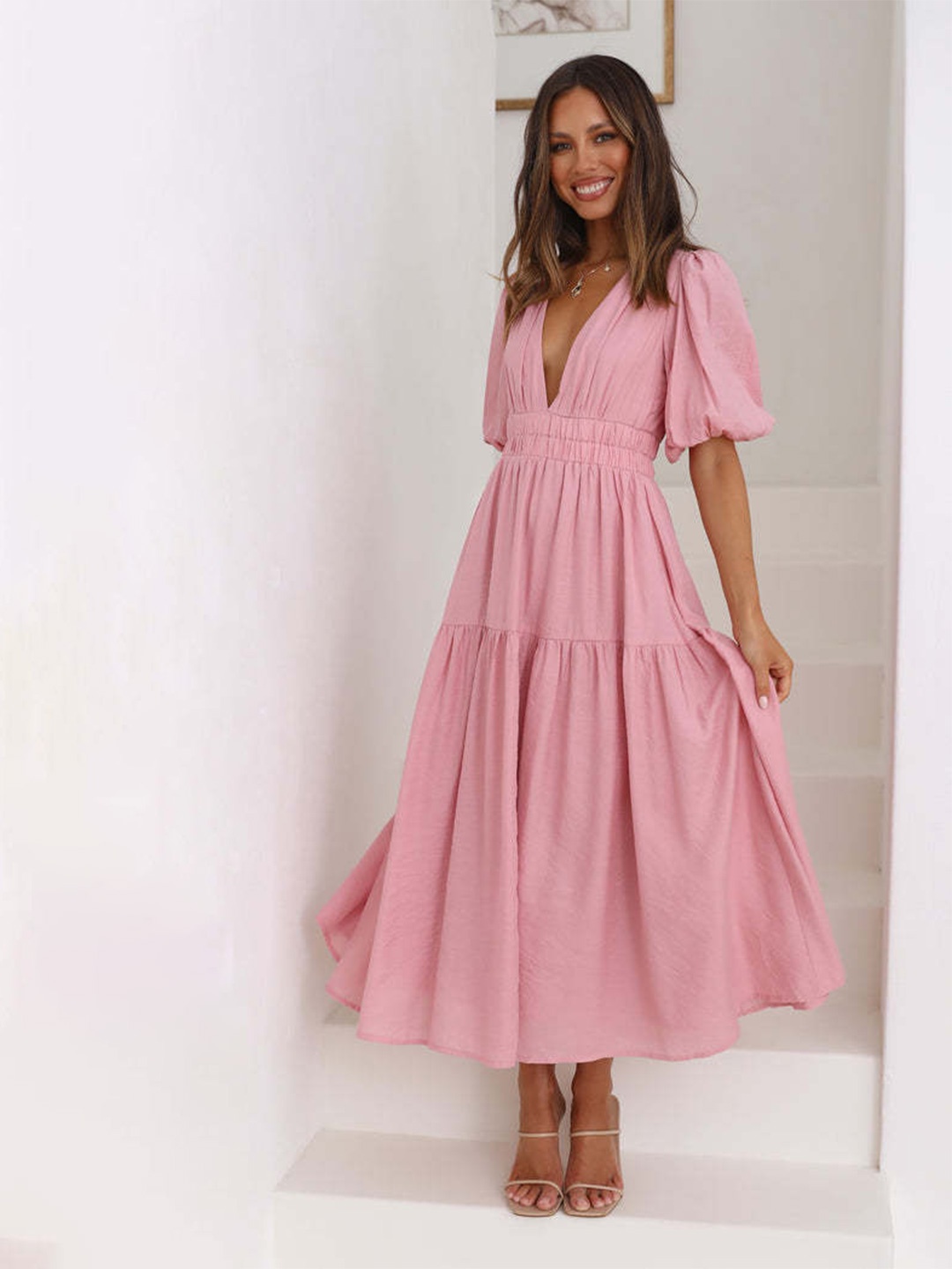 

StyleCast Pink Flutter Sleeve Maxi Dress