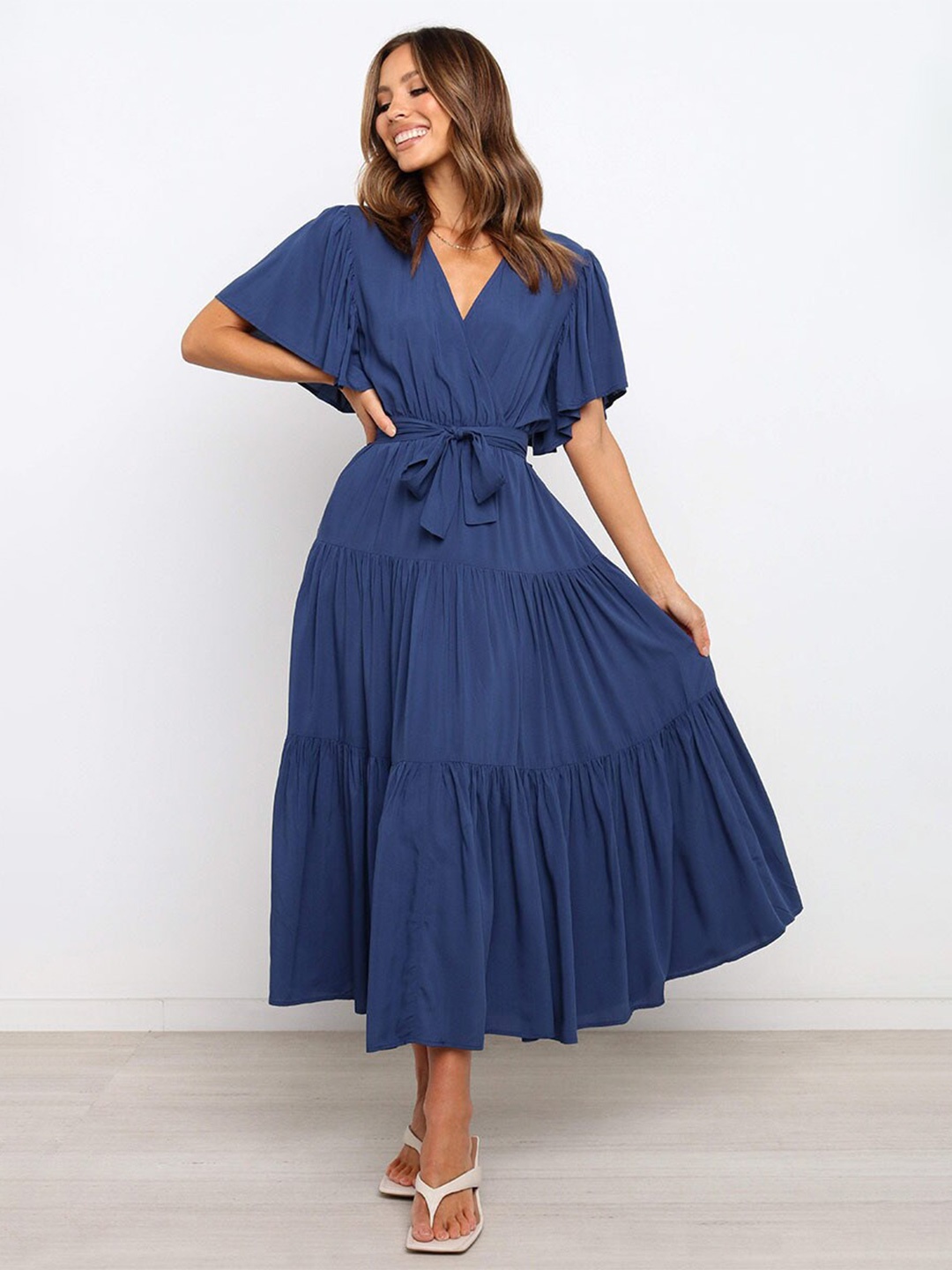 

StyleCast V-Neck Flared Sleeves Fit & Flare Midi Dress, Navy blue