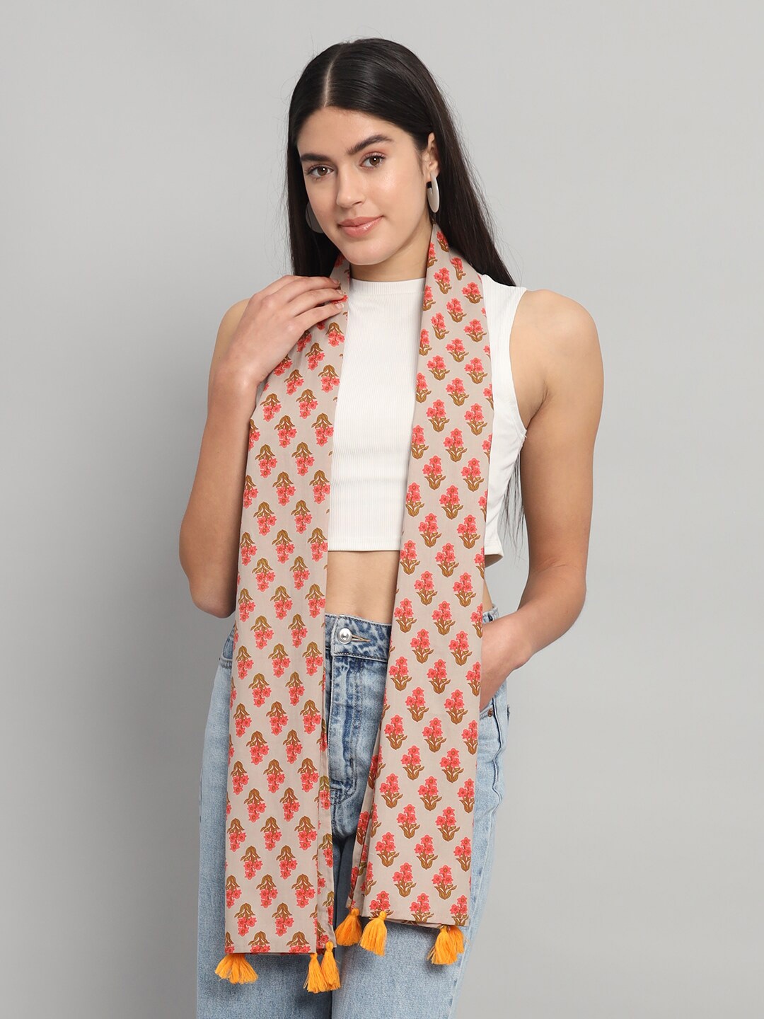 

HANDICRAFT PALACE Floral Block Printed Cotton Tasselled Scarf, Grey