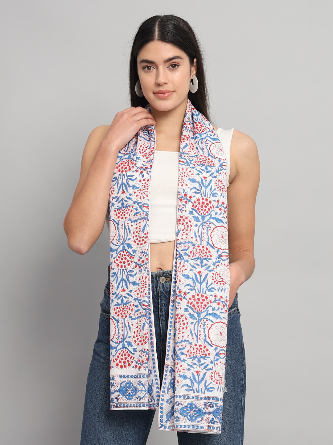 

HANDICRAFT PALACE Floral Printed Cotton Scarf, White