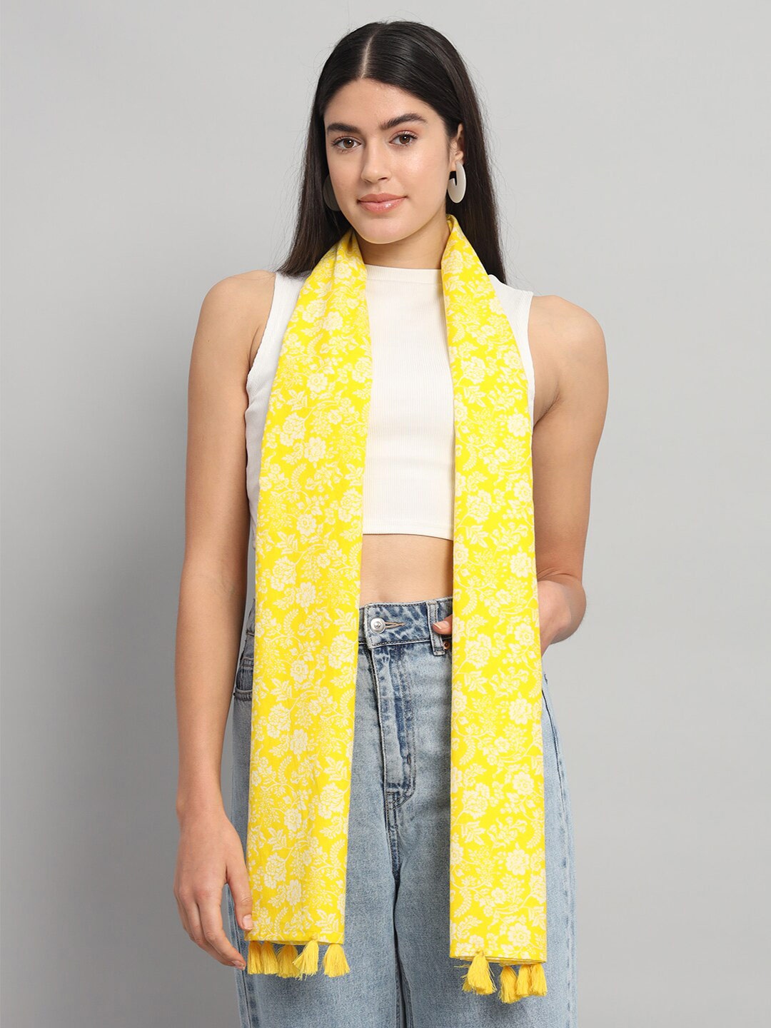 

HANDICRAFT PALACE Floral Printed Cotton Scarf, Yellow