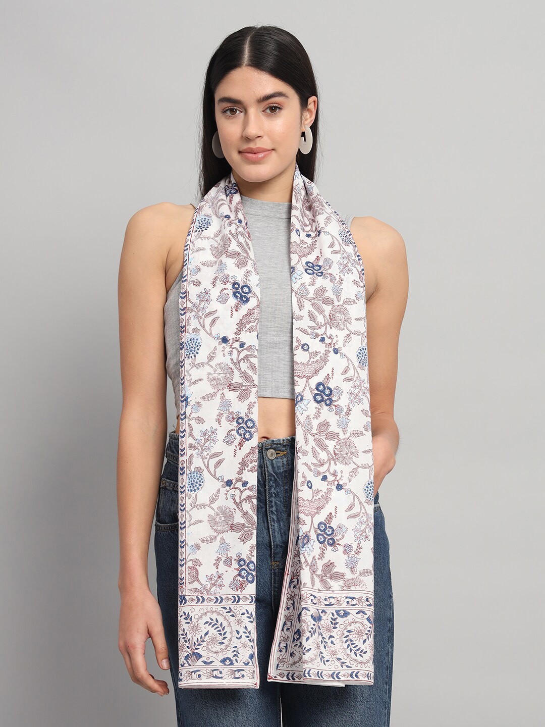 

HANDICRAFT PALACE Floral Printed Cotton Scarf, White