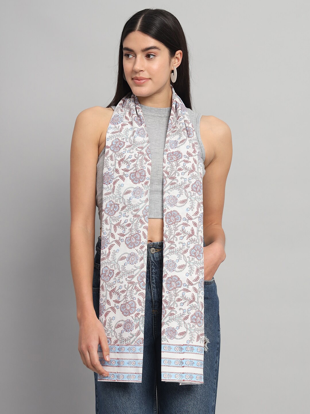 

HANDICRAFT PALACE Floral Printed Cotton Scarf, White