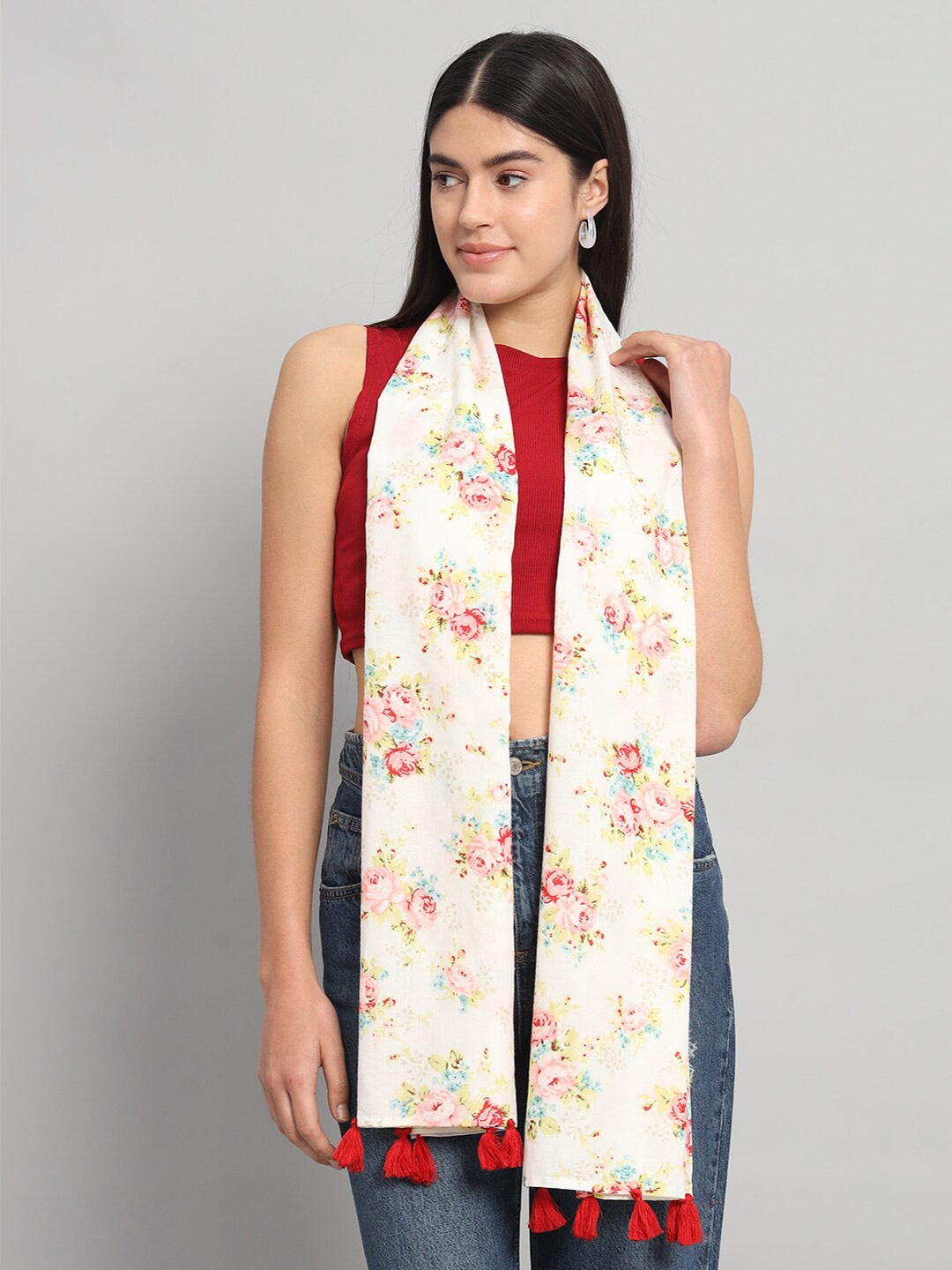 

HANDICRAFT PALACE Floral Printed Cotton Scarf, White