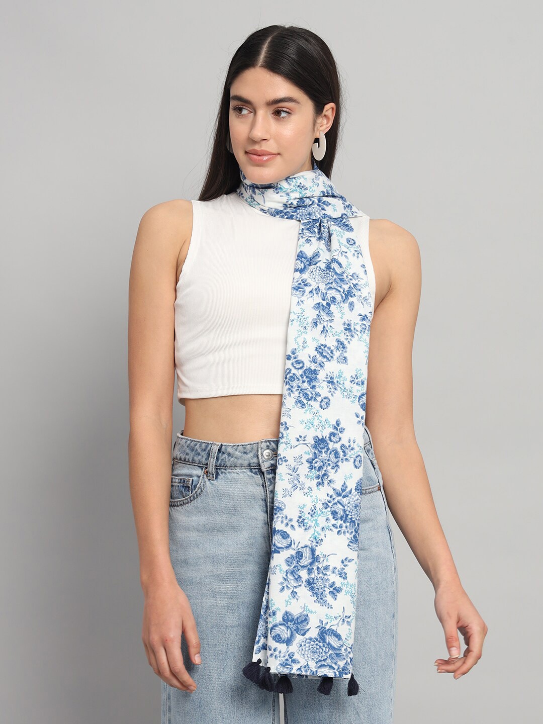 

HANDICRAFT PALACE Floral Printed Cotton Scarf, White