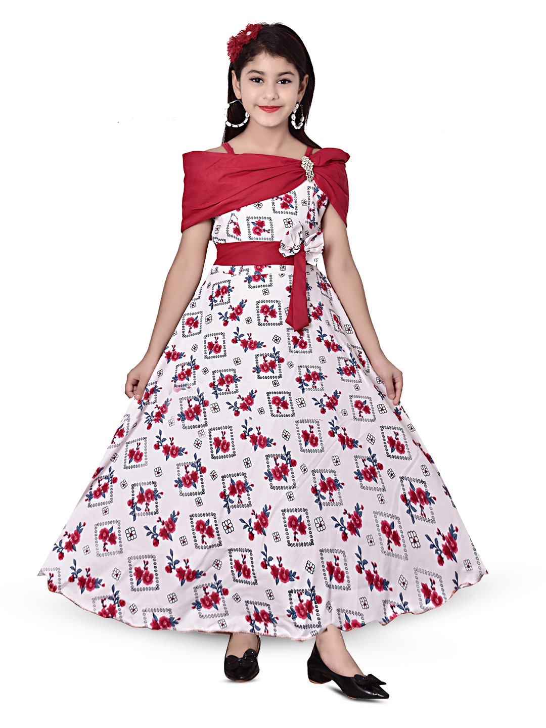 

BAESD Floral Printed Denim Fit & Flare Maxi Dress, White