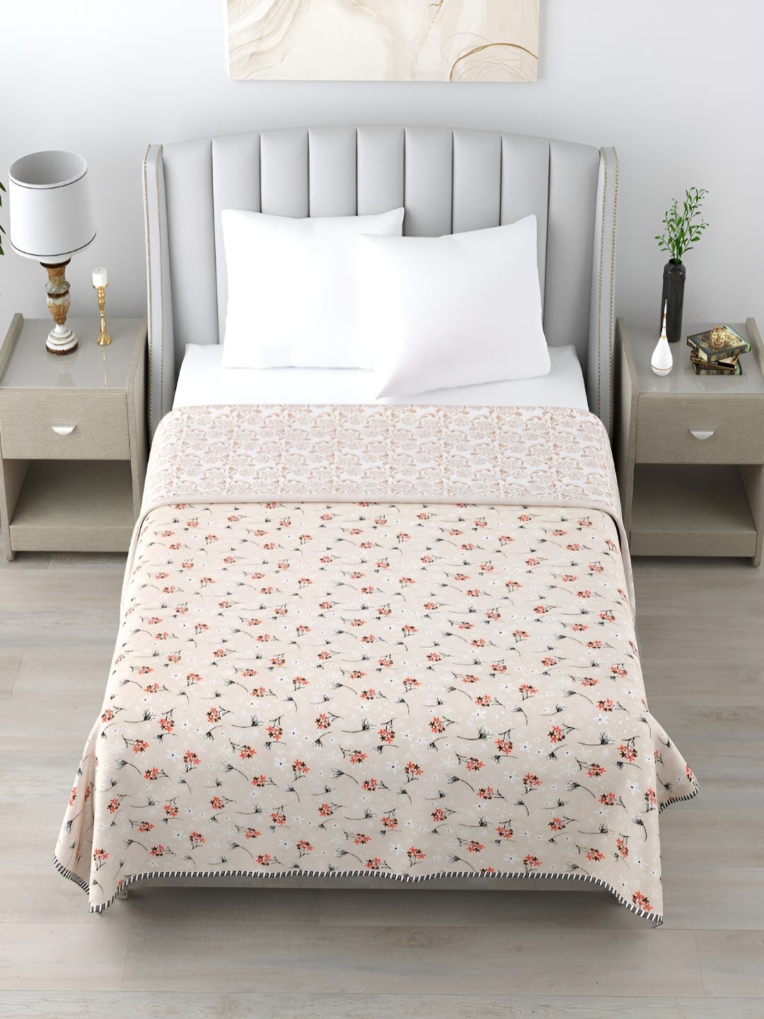 

tundwal's Peach & Black Floral Printed AC Room Cotton 210 GSM Reversible Double Bed Dohar