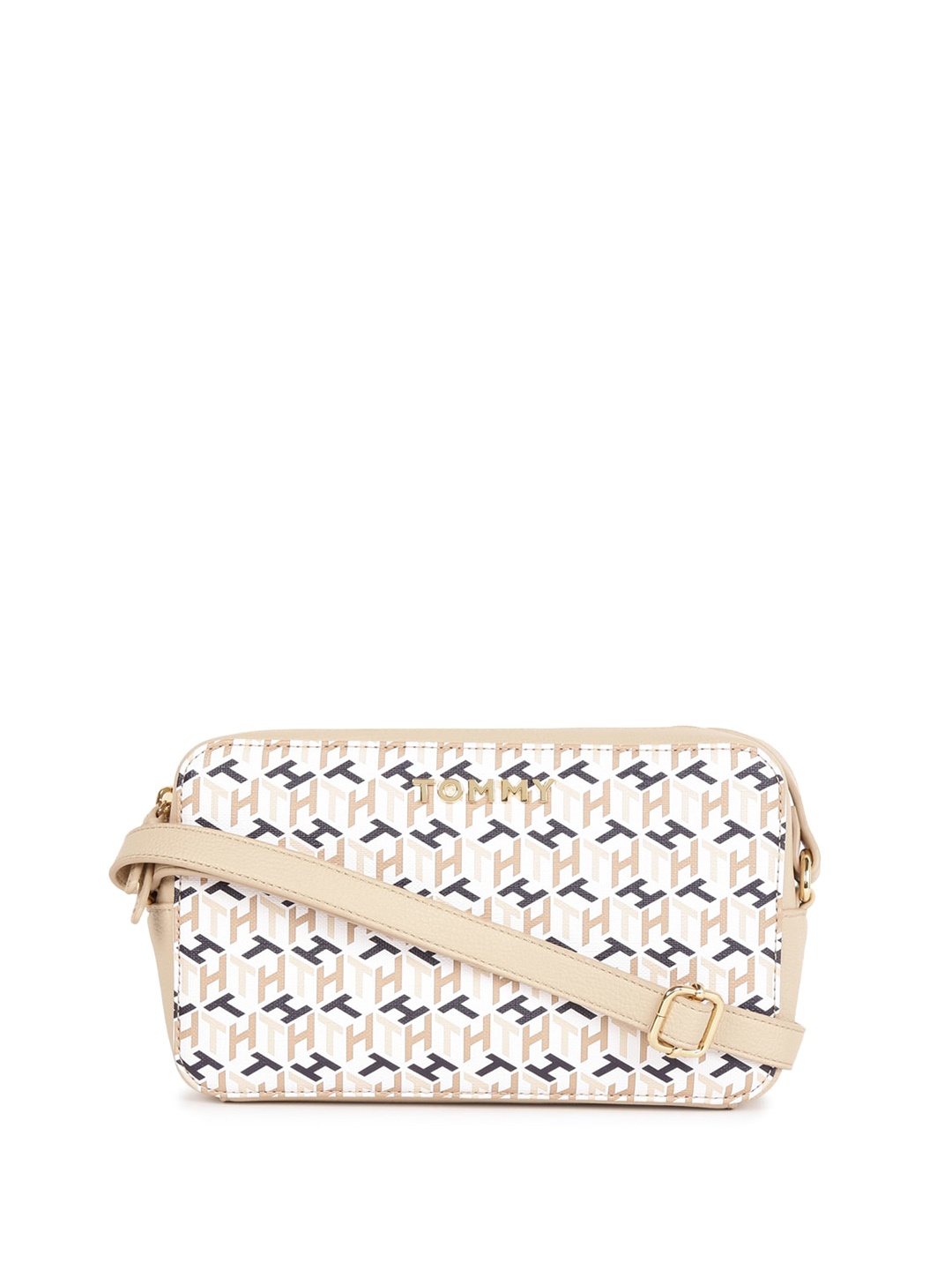 

Tommy Hilfiger Typography Printed Structured Sling Bag, Beige