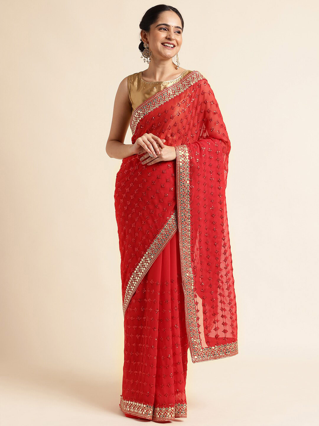 

FABMORA Ethnic Motifs Embroidered Sequinned Pure Georgette Saree, Red