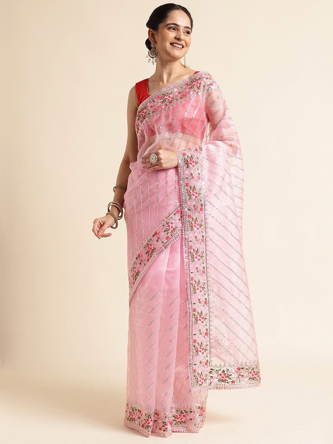 

FABMORA Striped Embroidered Sequinned Saree, Pink