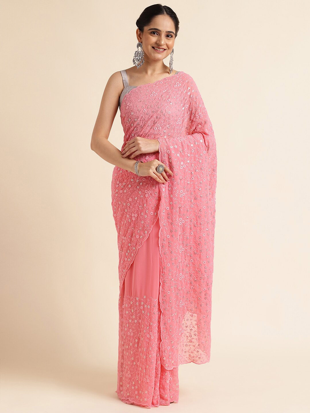 

FABMORA Ethnic Motifs Embroidered Sequinned Pure Georgette Saree, Pink