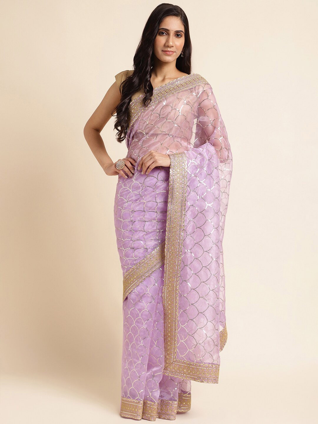 

FABMORA Geometric Embellished Sequinned Organza Saree, Purple