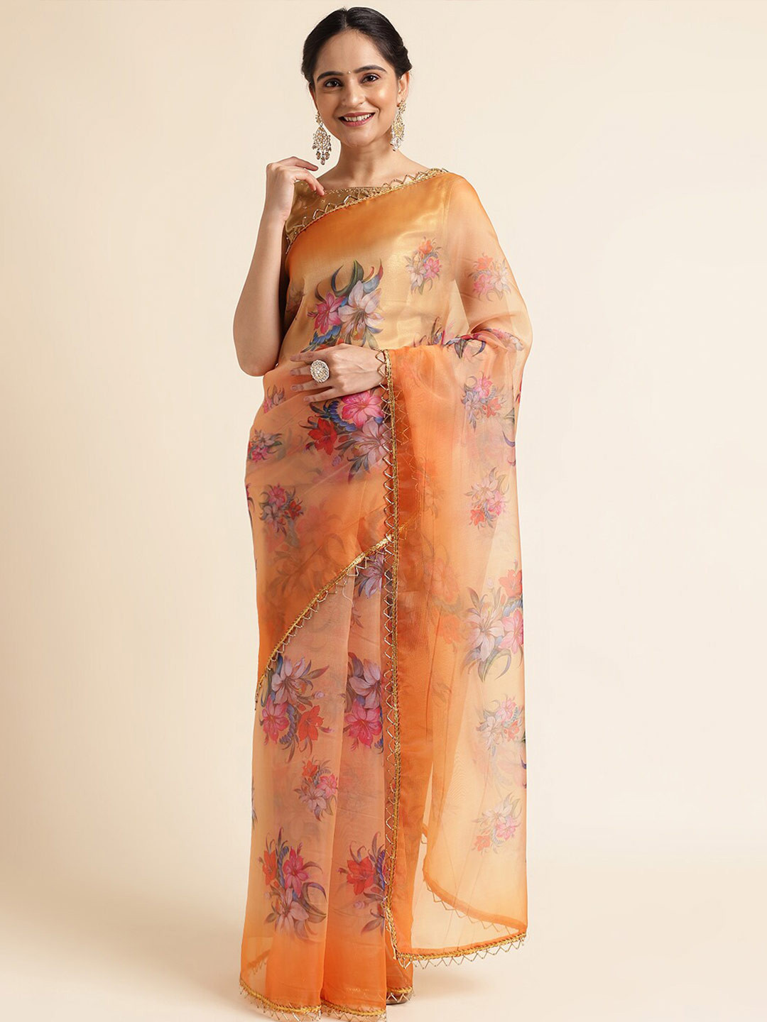 

FABMORA Floral Printed Beads And Stones Organza Saree, Orange