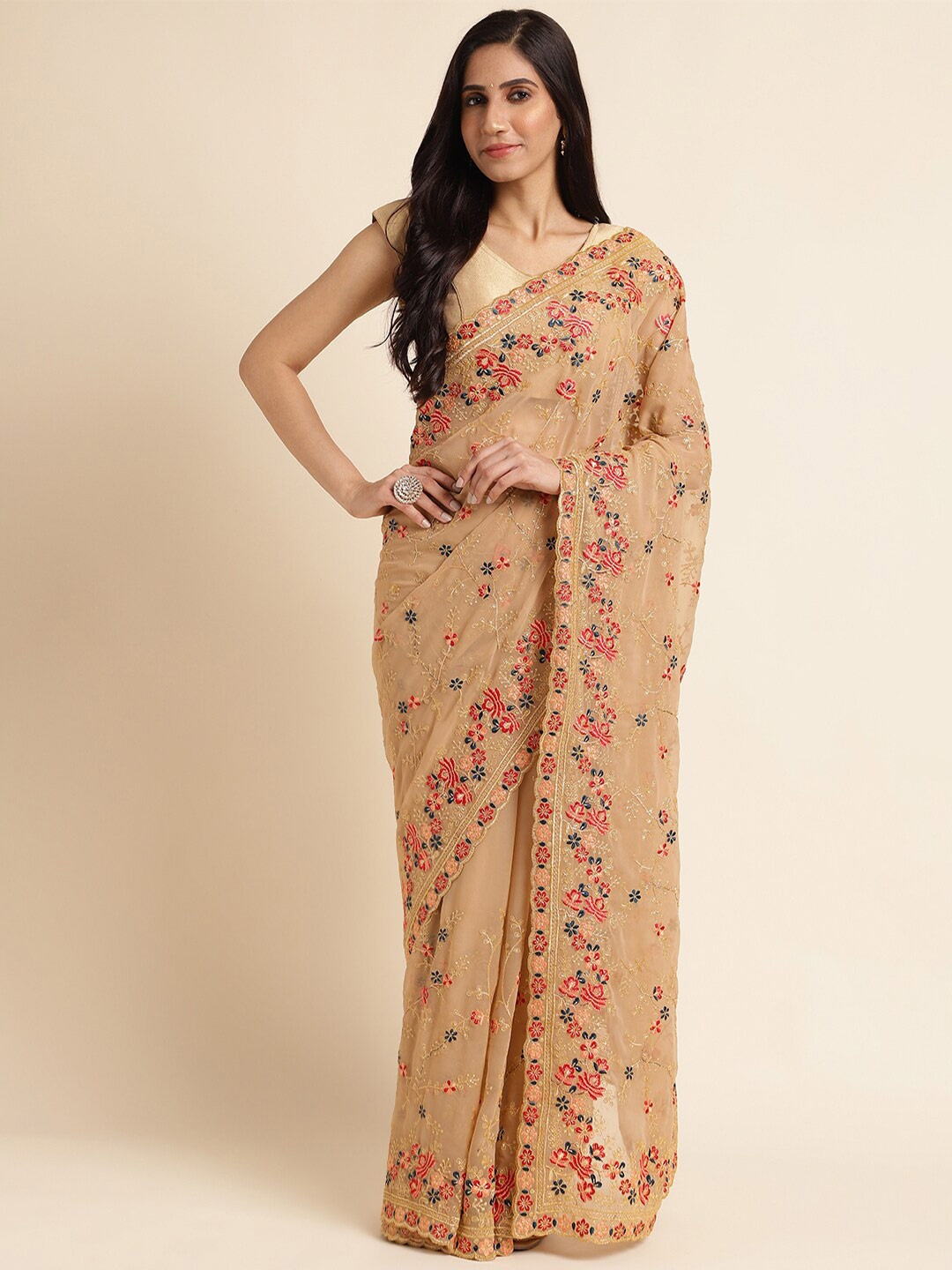 

FABMORA Ethnic Motifs Embroidered Pure Georgette Saree, Brown