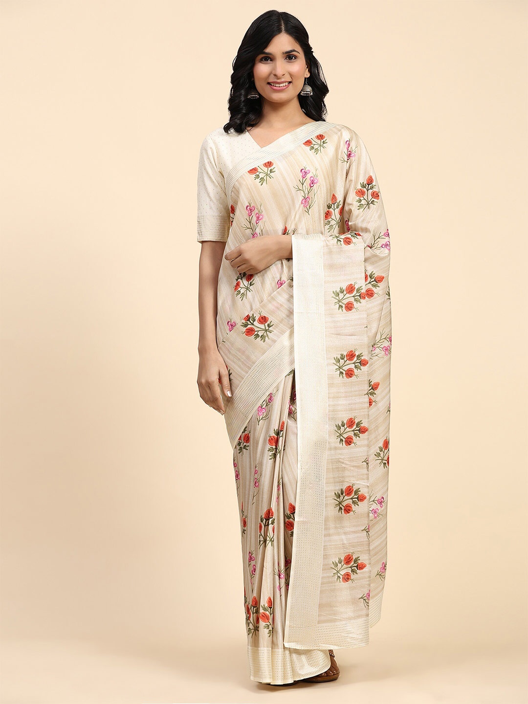 

RACHNA Floral Printed Ready to Wear Saree, Cream