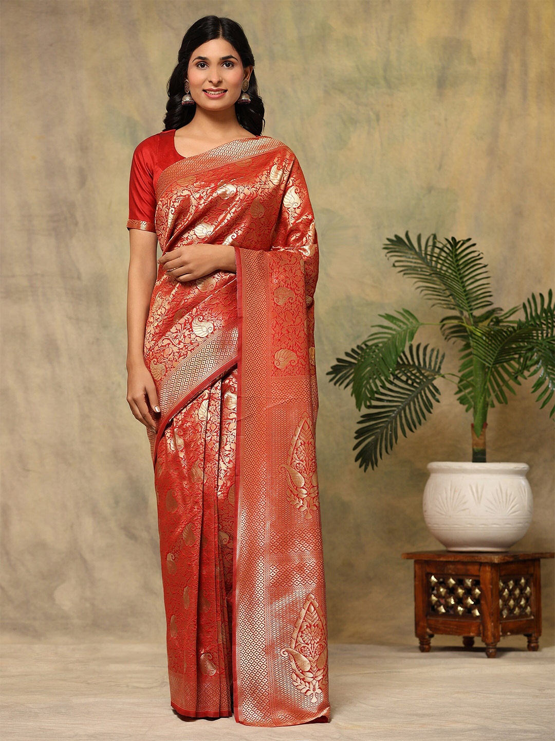

RACHNA Ethnic Motif Woven Design Ready to Wear Banarasi Zari Saree, Red