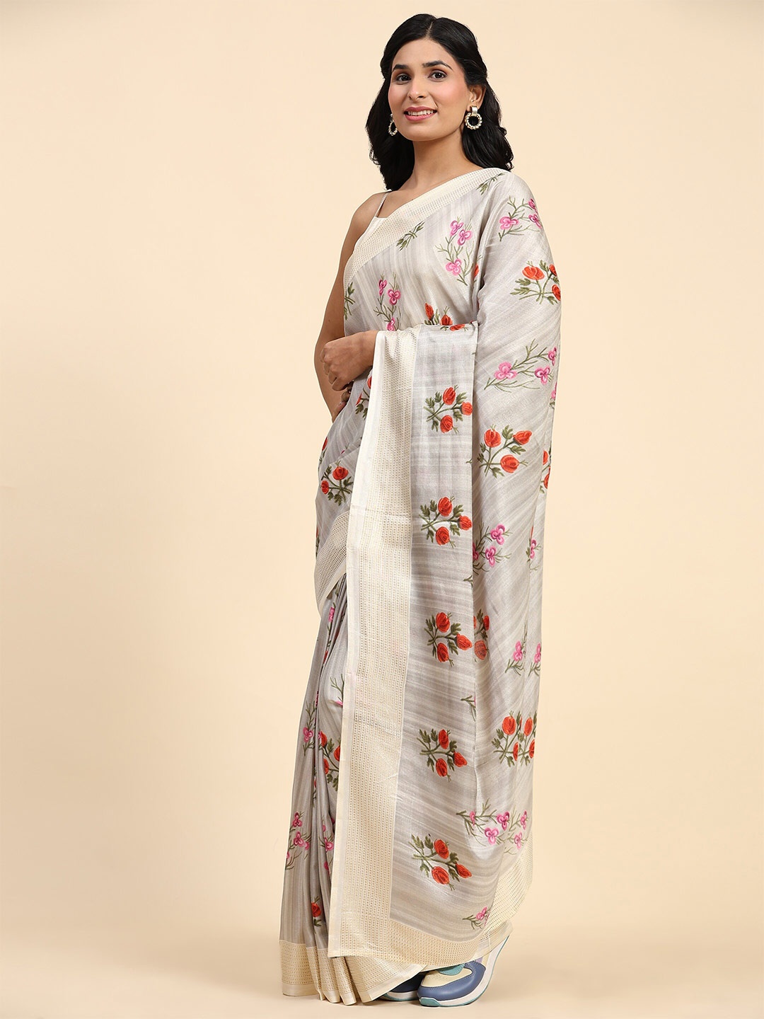 

RACHNA Floral Printed Ready to Wear Zari Saree, Grey