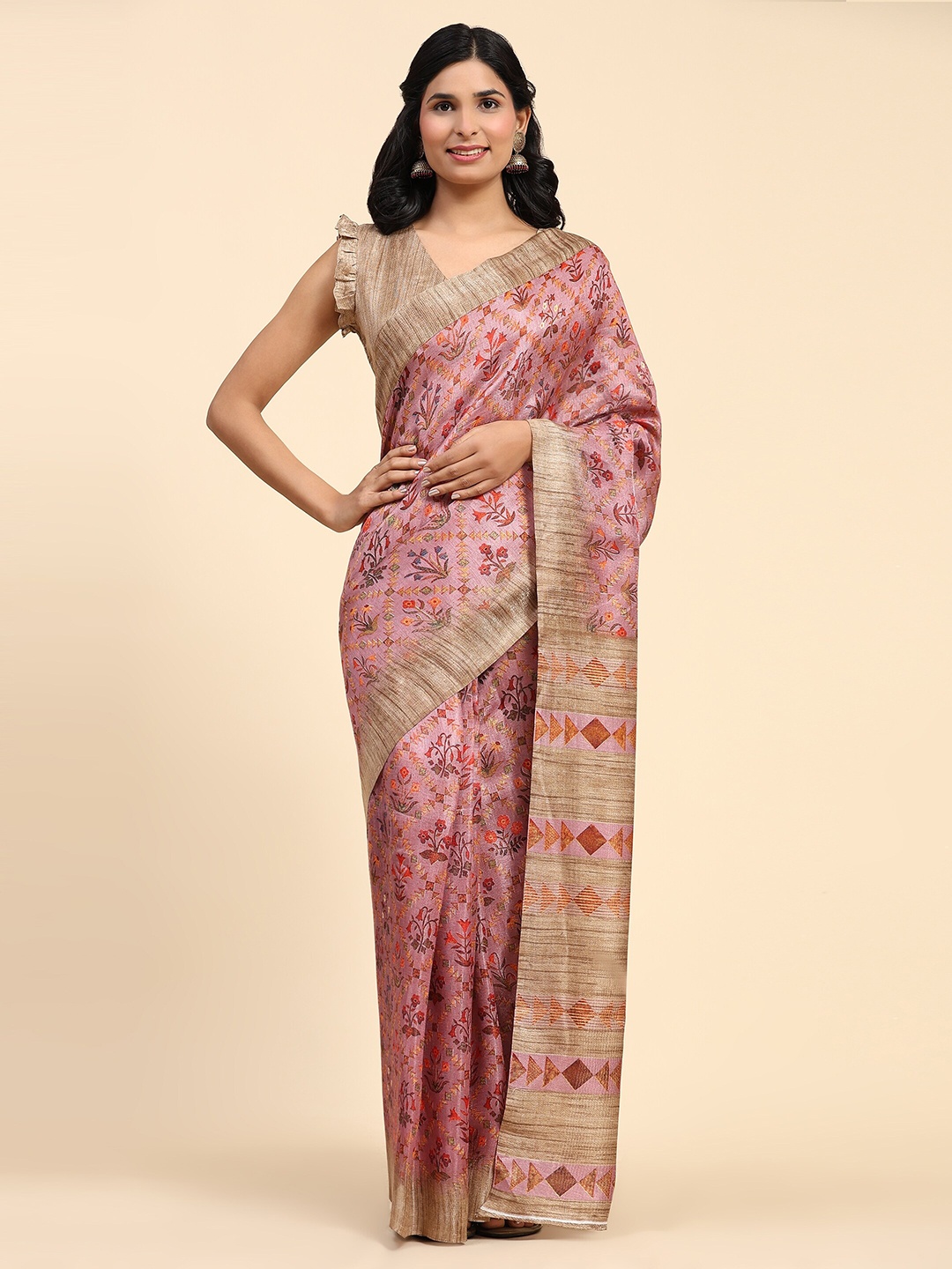 

RACHNA Batik Floral Printed Ready to Wear Saree, Pink