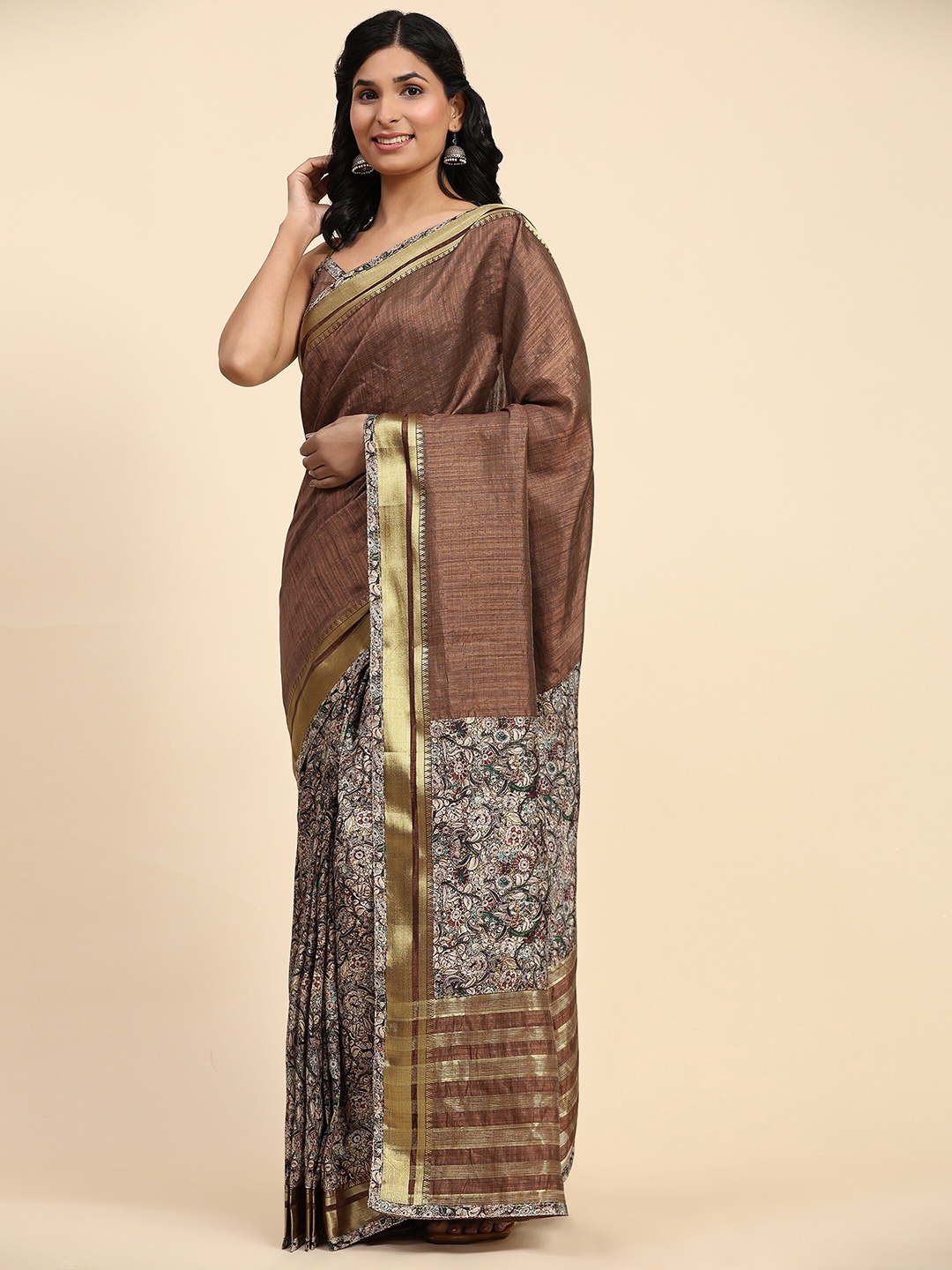 

RACHNA Floral Printed half & Half Ready to Wear Saree, Brown