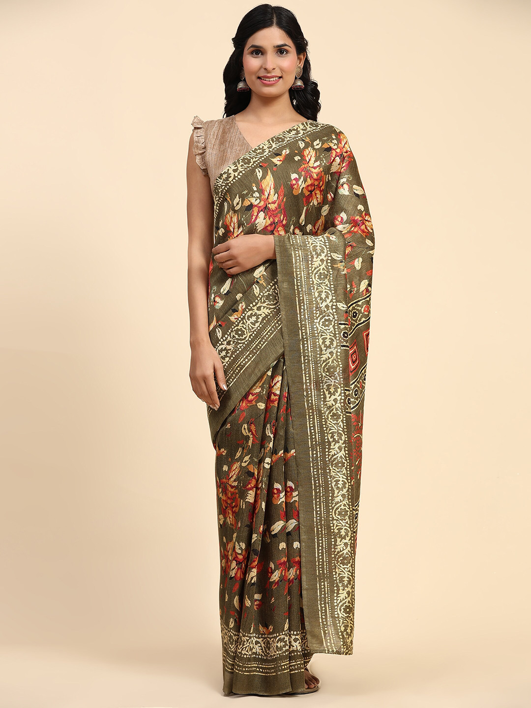 

RACHNA Floral Printed Ready to Wear Saree, Green