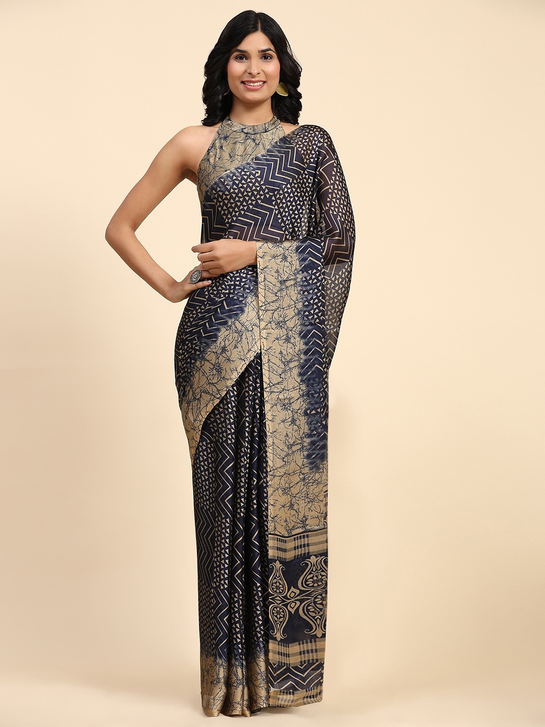 

RACHNA Chevron Printed Ready to Wear Saree, Navy blue