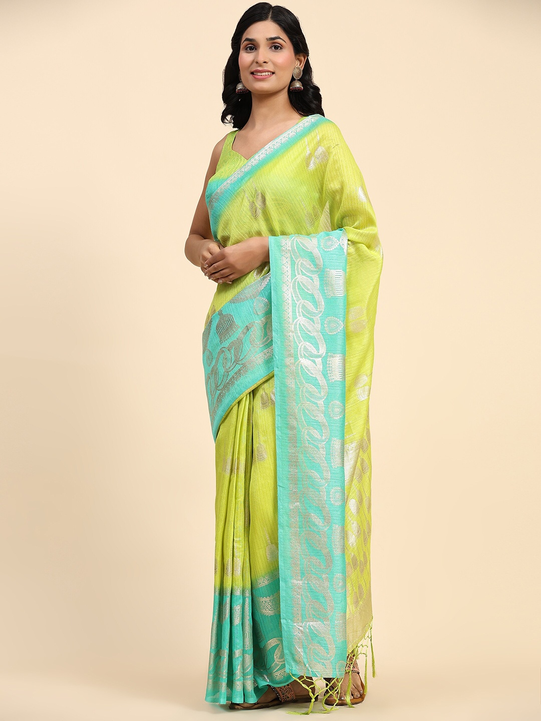 

RACHNA Ethnic Motifs Woven Design Silk Cotton Ready to Wear Zari Saree, Lime green
