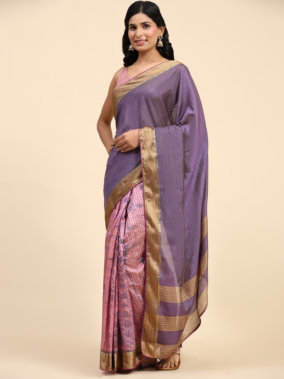 

RACHNA Striped Woven Design Half & Half Zari Ready to Wear Saree, Violet