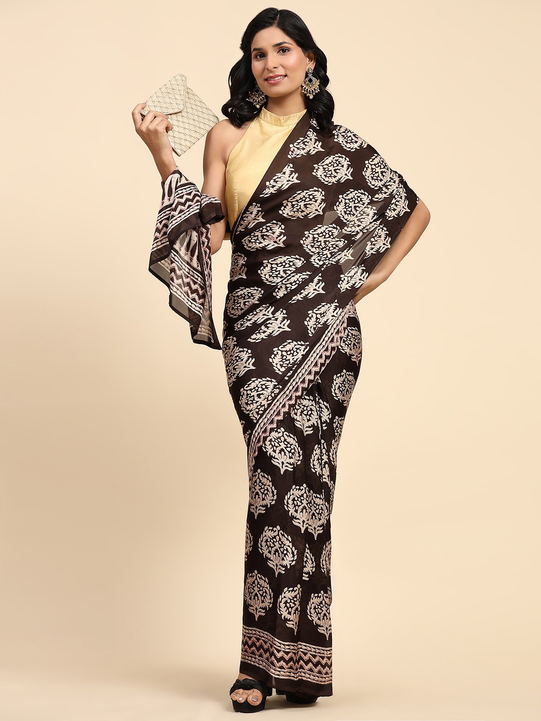 

RACHNA Batik Printed Ready to Wear Ikat Saree, Brown