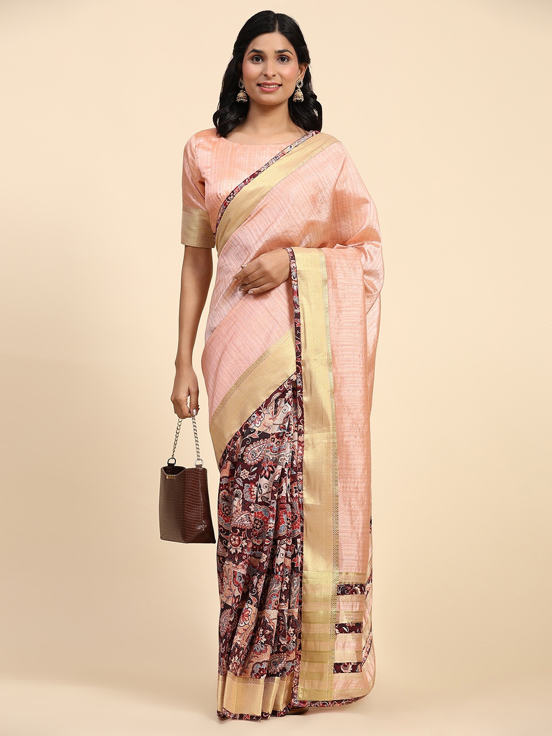 

RACHNA Ethnic Motifs Printed Zari Saree, Peach