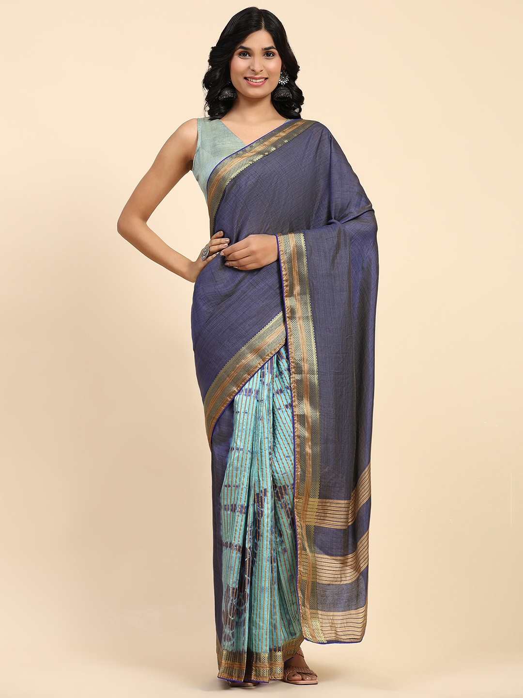 

RACHNA Striped Woven Design Leheriya Zari Saree, Navy blue