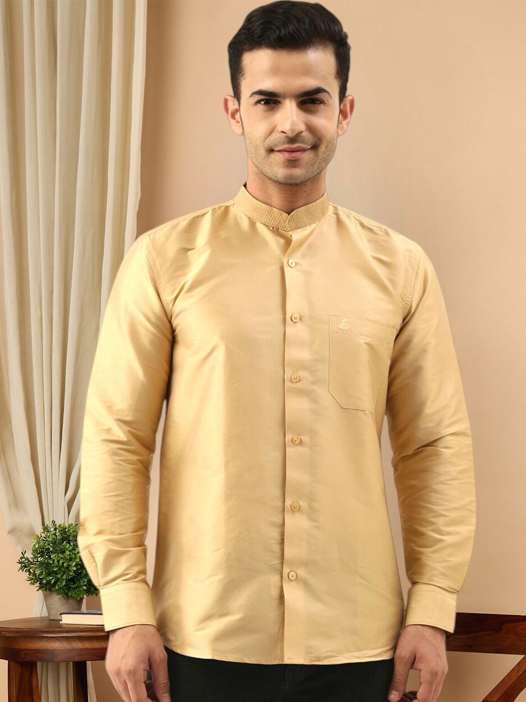 

TATTVA Slim Fit Band Collar Long Sleeves Casual Shirt, Beige