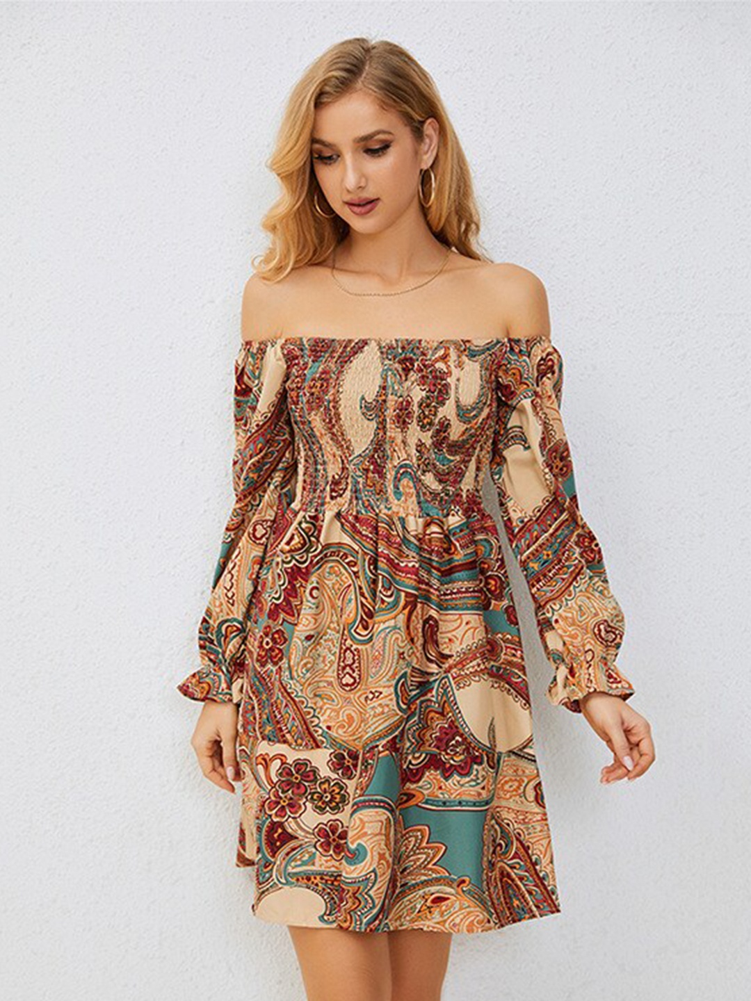 

StyleCast Beige Floral Print Off-Shoulder Puff Sleeve Fit & Flare Dress