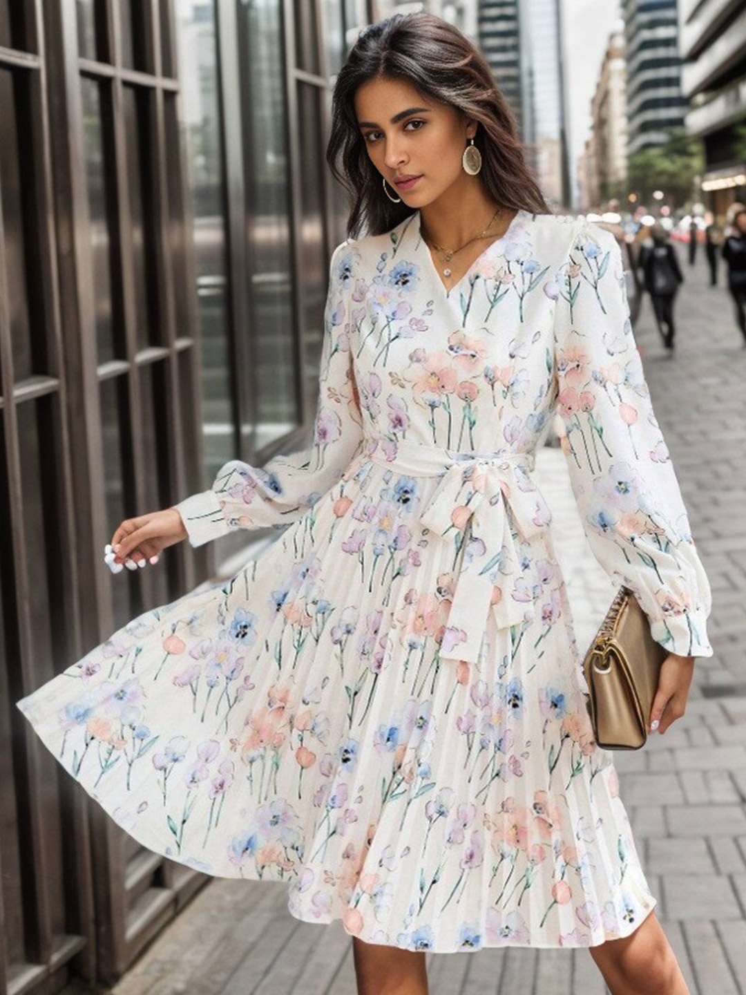 

StyleCast White Floral Print Cuffed Sleeves Fit & Flare Dress