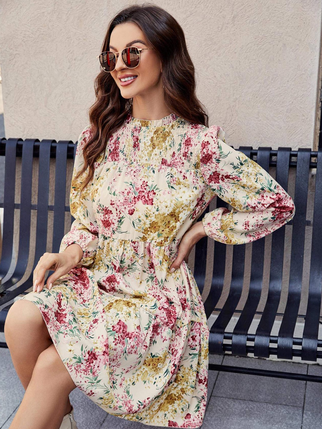 

StyleCast Pink Floral Printed Puff Sleeve Smocked Tiered Fit & Flare Dress