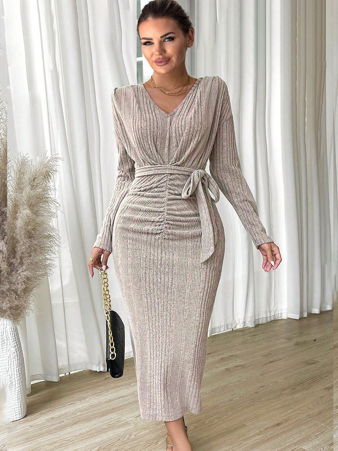 

StyleCast Silver-toned Striped Long Sleeves Tie-Up Sheath Midi Dress
