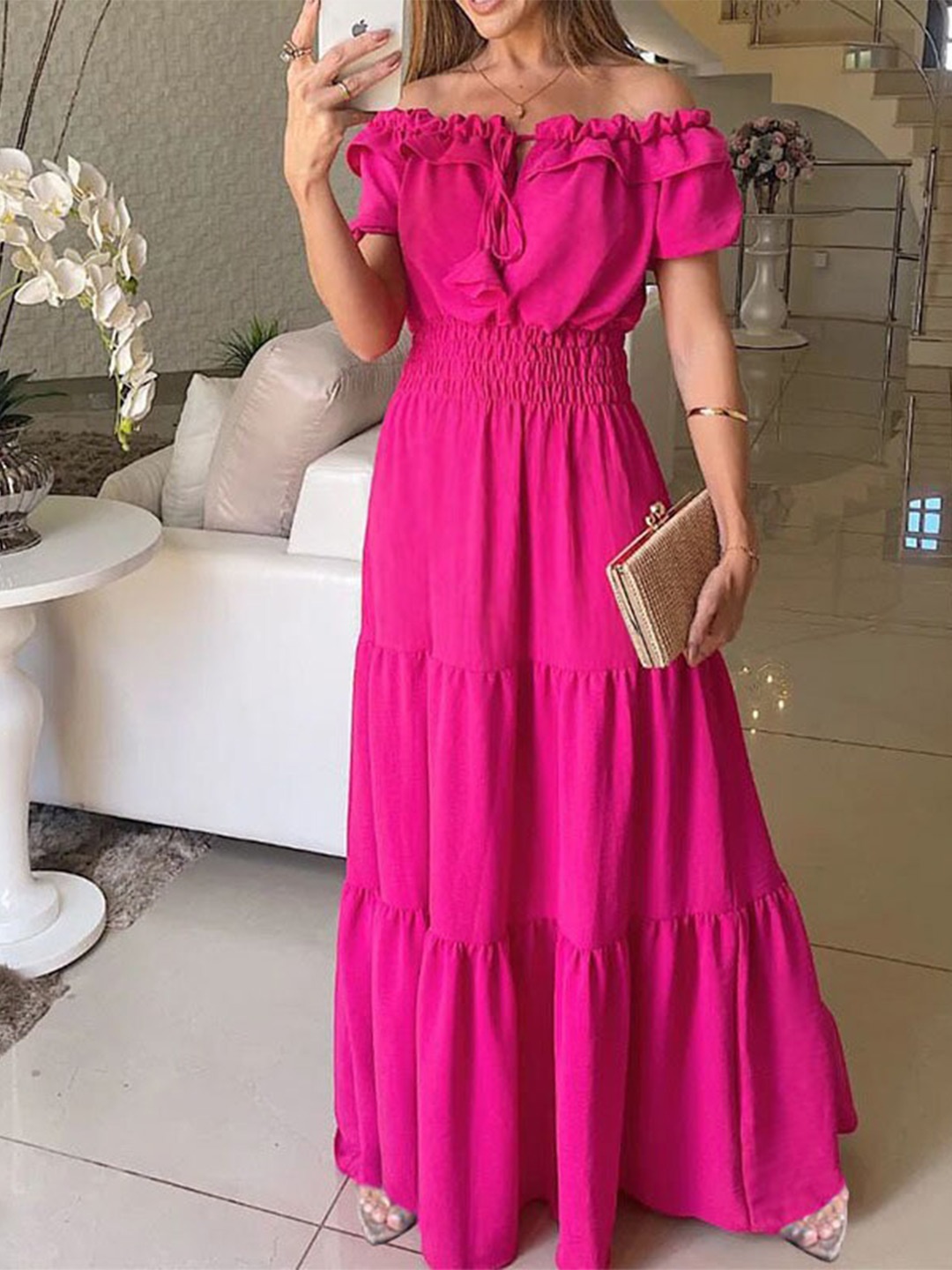 

StyleCast Pink Off-Shoulder Flutter Smocked Sleeve Maxi Dress