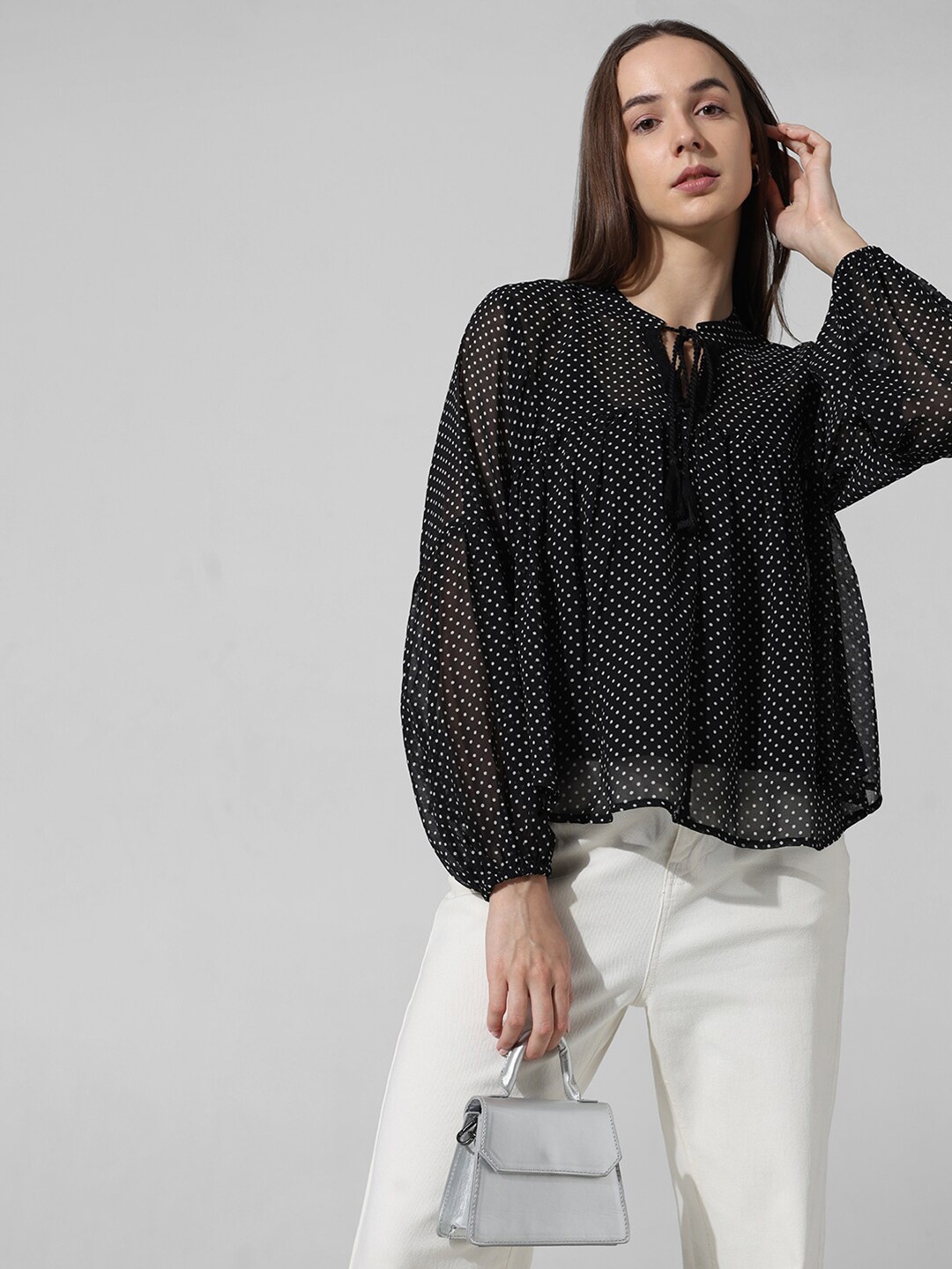 

ONLY Polka Dots Printed Tie-Up Neck Puff Sleeves Gathered A-Line Georgette Top, Black