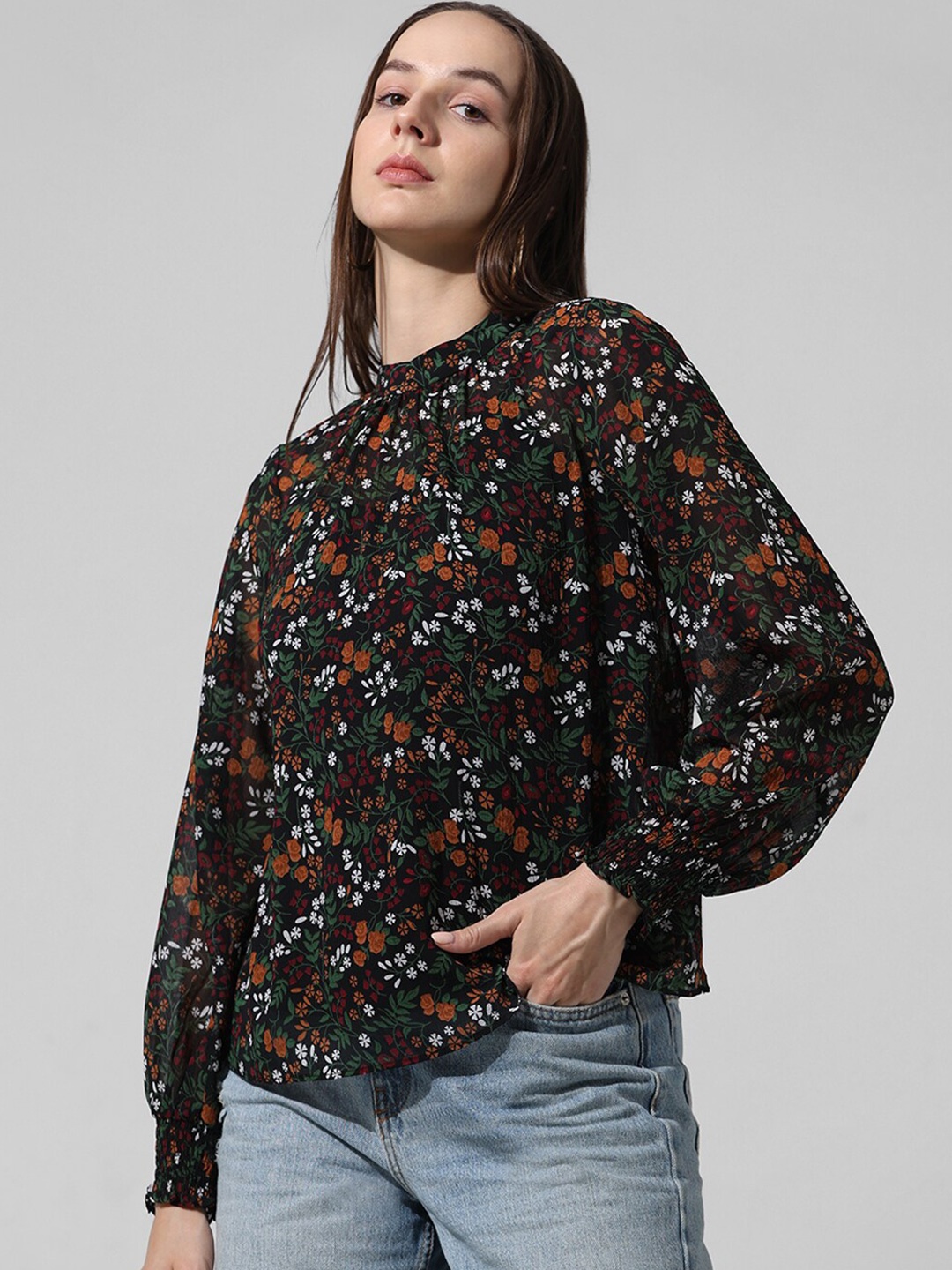 

ONLY Floral Printed High Neck Puff Sleeves Smocked Georgette Top, Black