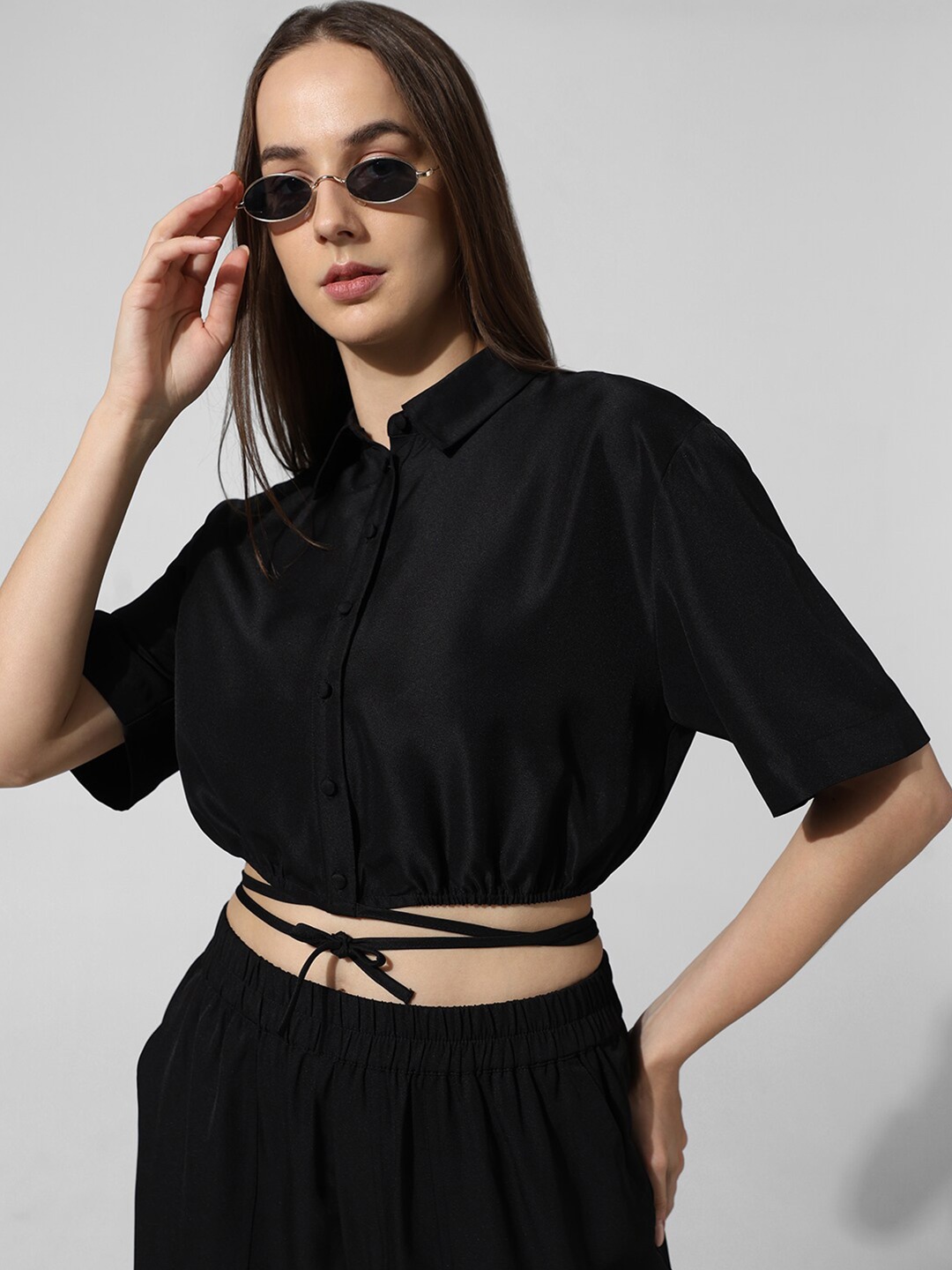 

ONLY Flared Sleeves Tie-Up Detail Linen Shirt Style Crop Top, Black