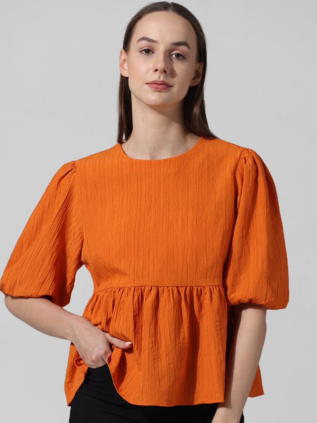 

ONLY self Design Puff Sleeves Round Neck Gathered A-Line Top, Orange