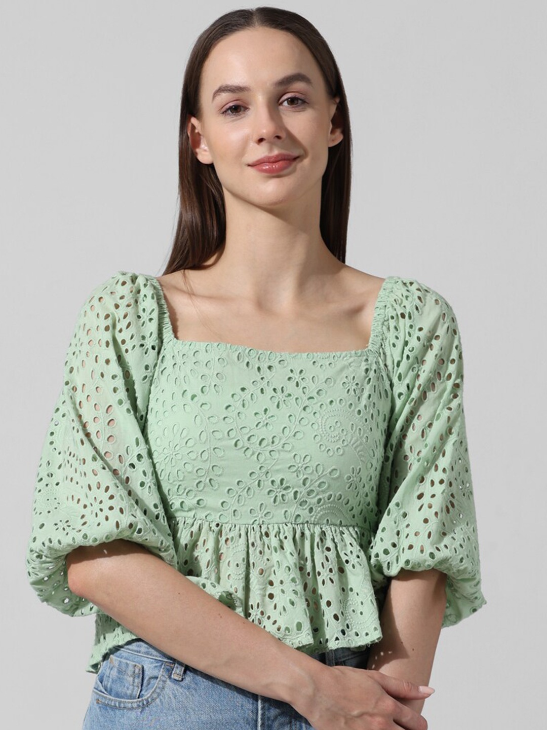 

ONLY Self Design Schiffli Square Neck Puff Sleeves Smocked Pure Cotton Top, Green